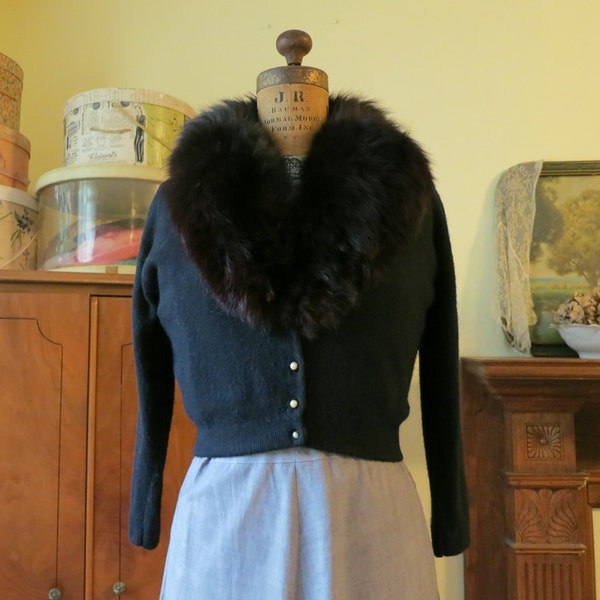 Vintage 1960s Black Sweater with Fluffy Black Fur Collar - 36 bust, Orlon, Pearl buttons