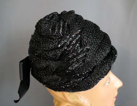 Vintage Black Shiny Hat Straw & Raffia with Satin… - image 5