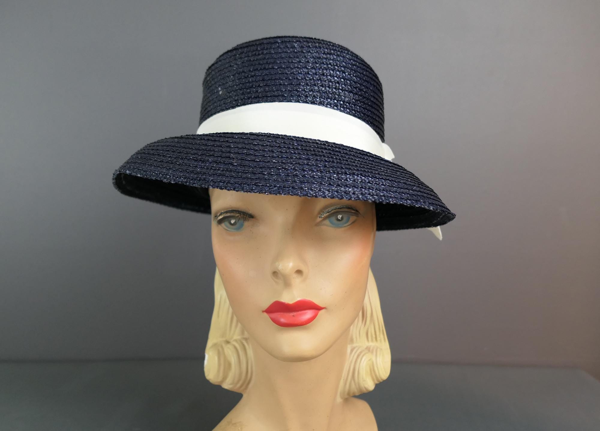 Vintage Dark Blue Straw Hat 1980s Navy With White Ribbon, Wide 