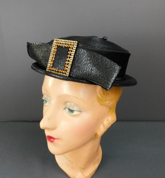 Vintage Black Straw Tilt Hat with Rhinestone Buck… - image 7