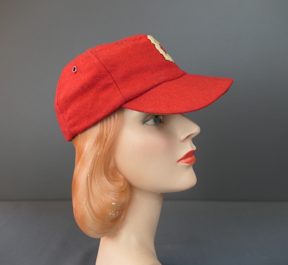 Vintage Red Wool 'C' Baseball Cap Hat, 1950s 1960… - image 4