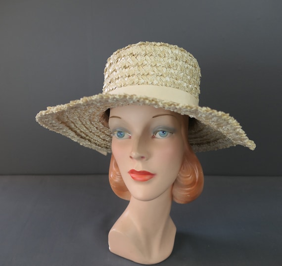 Vintage Ivory Straw Wide Brim Hat, 1960s, 22 inch… - image 2