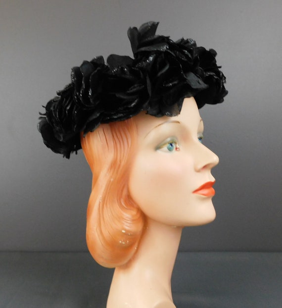 Vintage Black Velvet Hat with Glitter Flowers, 19… - image 2