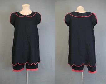 Vintage Black Wool Swimsuit 2 Pieces Edwardian, Wool with Red Trim, 36-38 bust, 1900s