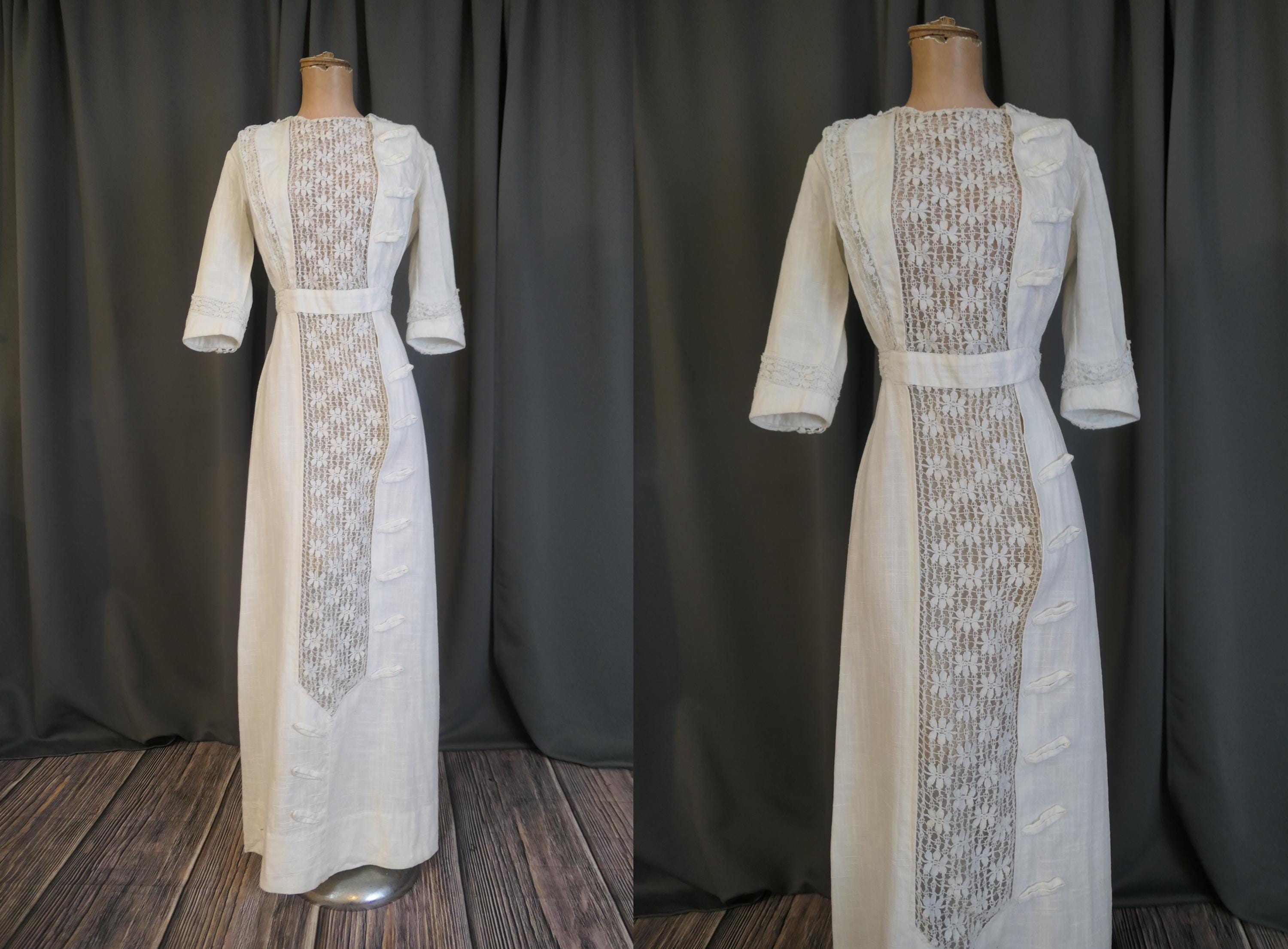 ワンピース 1900s Edwardian Linen Dress Vintage Edwardian 1900s Linen Dress, Lace Down the Front, XS