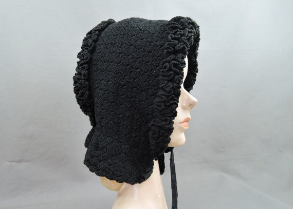 Antique Victorian Bonnet Black Knitted Wool, 1800s