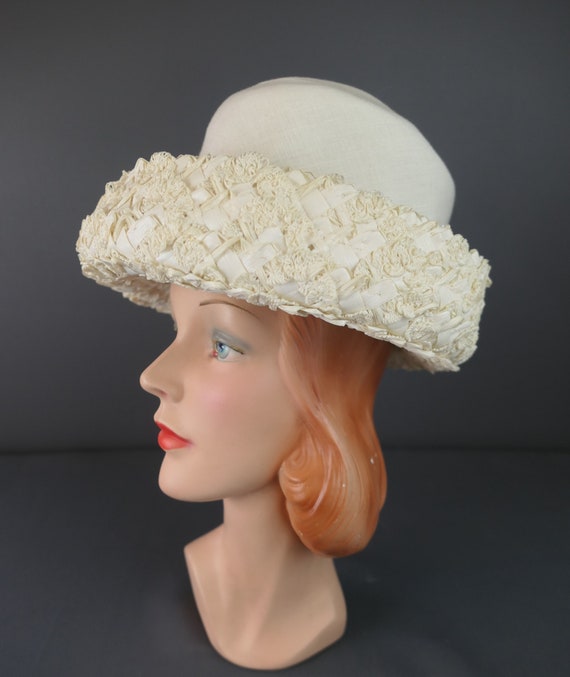 Vintage Ivory Straw & Fabric Hat with Curled Brim… - image 6