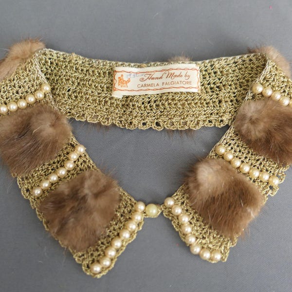 Vintage Gold Crochet Collar with Pearls and Mink Fur, 1950s, handmade, sweater or blouse