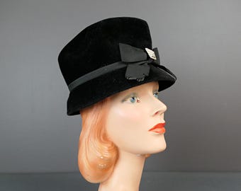 1960s Black Velour Hat: Vintage Plush Tall Hat with Rhinestone Ribbon