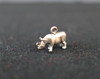 Vintage Rhino Rhinoceros Charm 5/8 inch, Sterling, Novelty for Bracelet, 3D