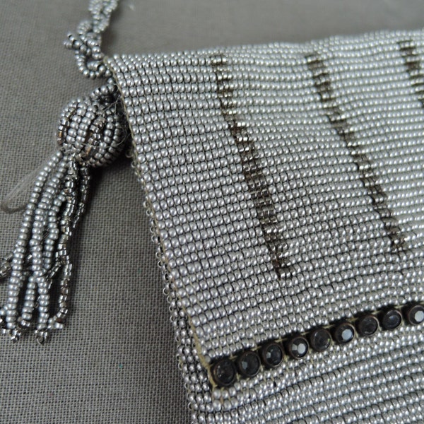 Vintage Silver Beaded Purse 1920s Evening Bag with Rhinestones, needs new lining