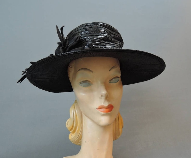 Vintage Wide Brim Hat 1940s Straw & Shiny Vinyl fits 21 inch | Etsy