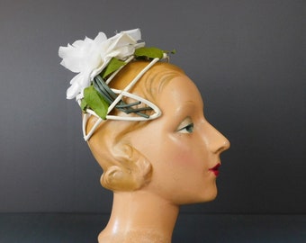 Vintage White Rose Cage Hat with Open Frame, 1960s Wedding Crown