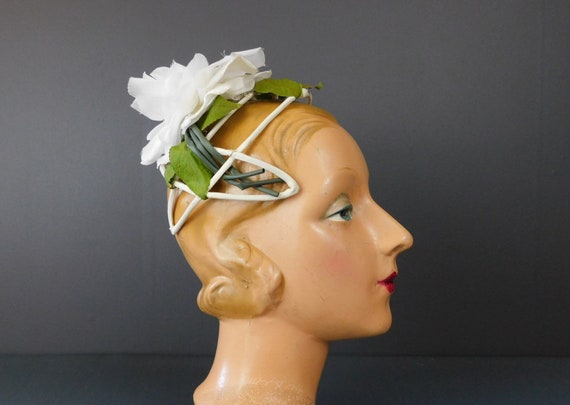 Vintage White Rose Cage Hat with Open Frame, 1960… - image 1