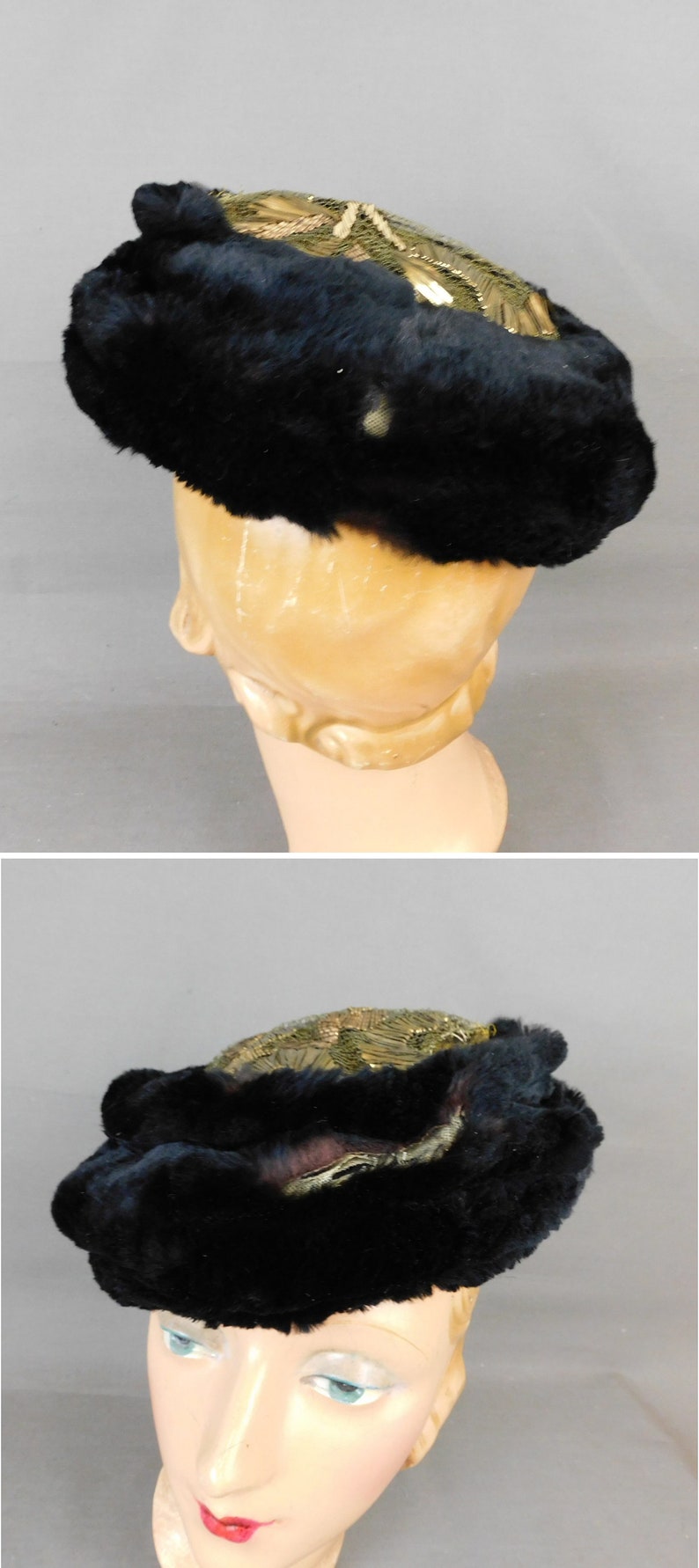 Vintage 1920s Fur and Gold Embroidered Lace Hat Carson Pirie & Scott, AS IS image 7