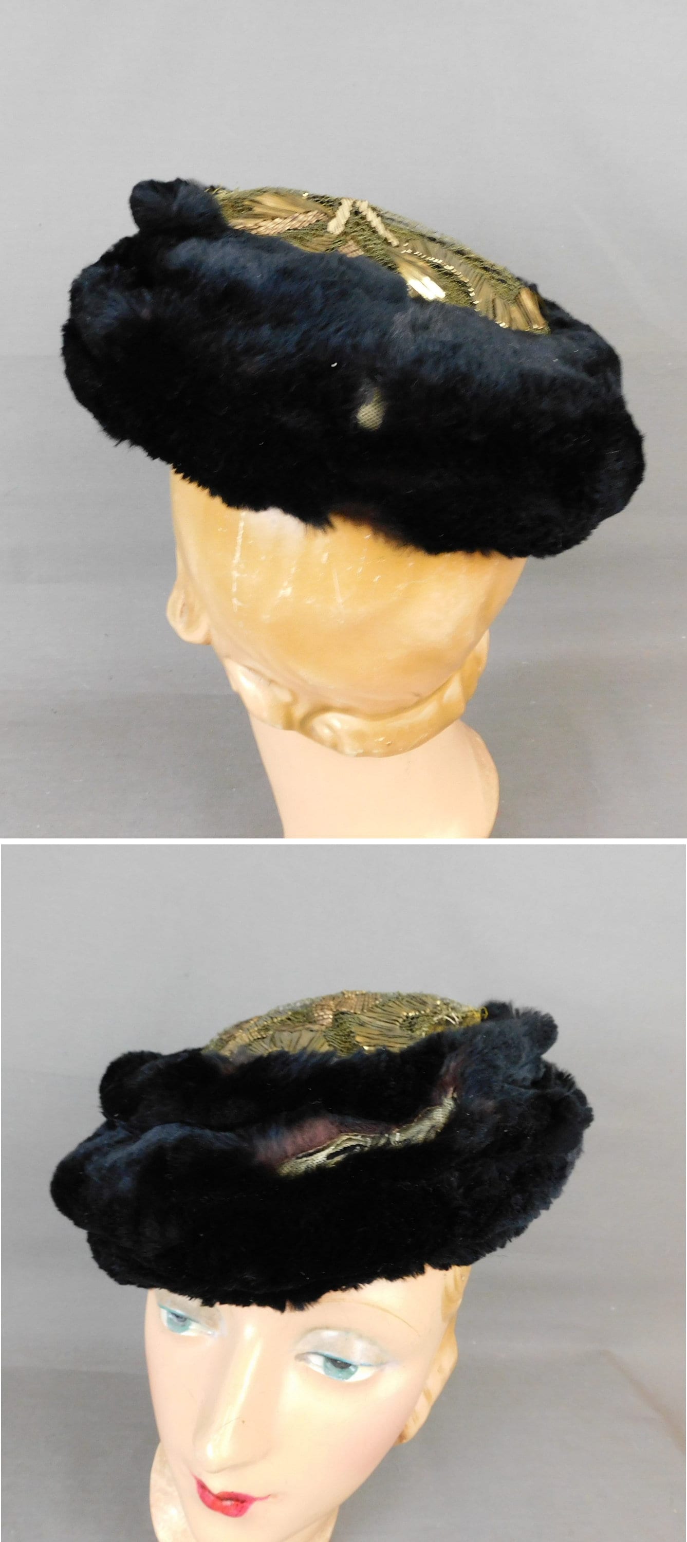 Vintage 1920s Fur and Gold Embroidered Lace Hat Carson Pirie  display picture 1