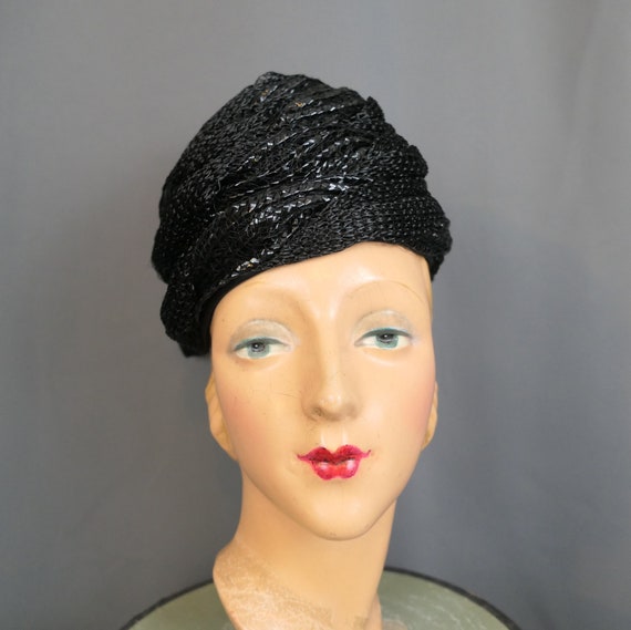 Vintage Black Shiny Hat Straw & Raffia with Satin… - image 3