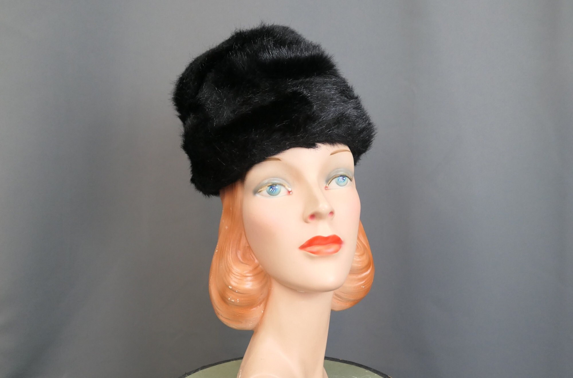 Vintage Black Fake Fur Hat Toque, 1960s 21 Inch Head, Winter  display picture 1