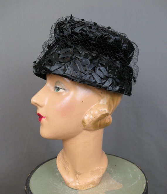 Vintage Black Raffia Straw Bucket Hat, 1960s with… - image 3