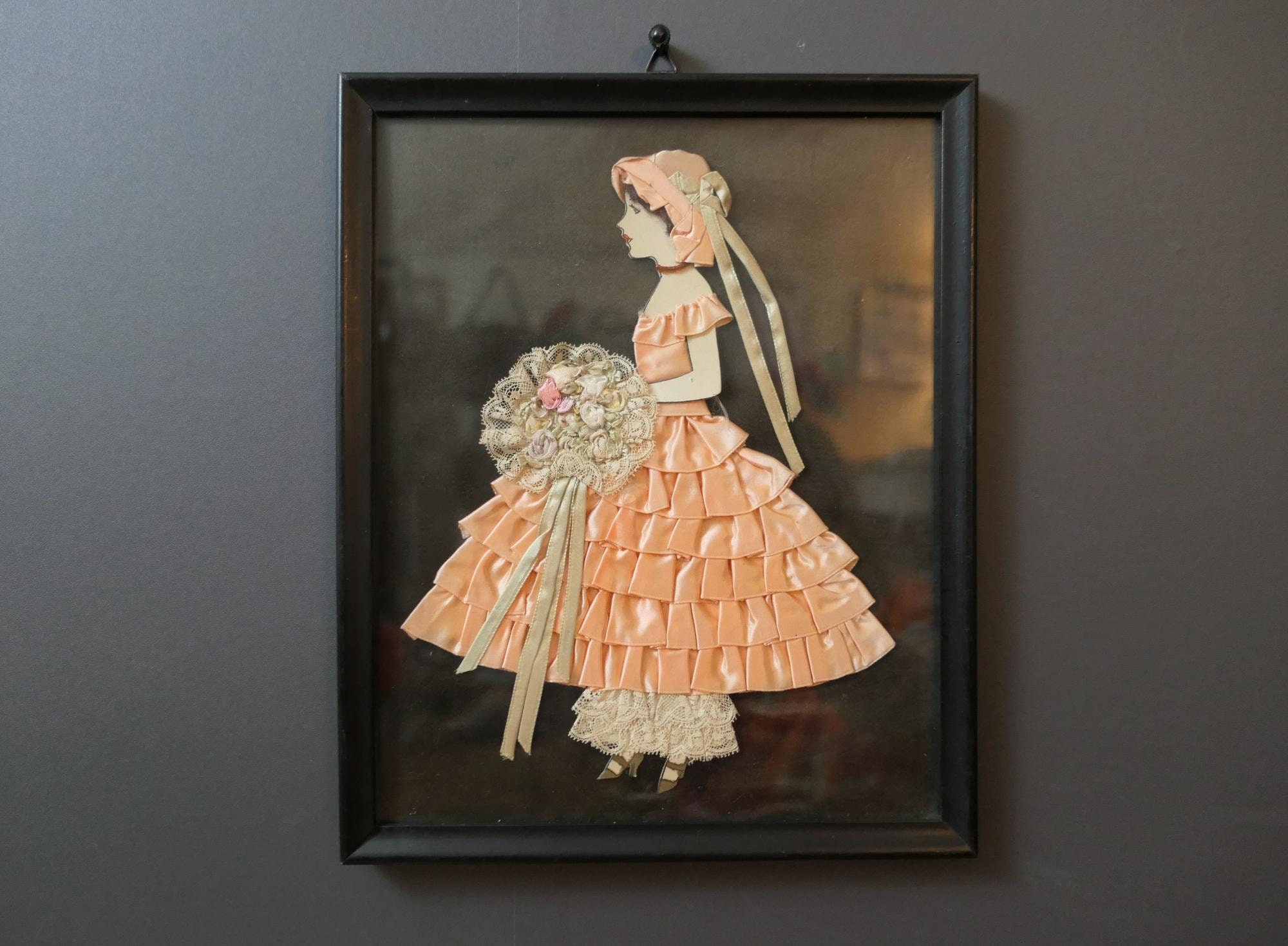 Vintage 1930s Peach Ribbon Paper Doll Art - Framed Lace Bouquet - Etsy