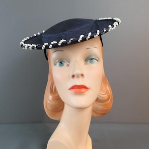 Vintage Dark Blue Saucer Hat with Pearls and Rhinestones, 1950s Homberger&#39;s