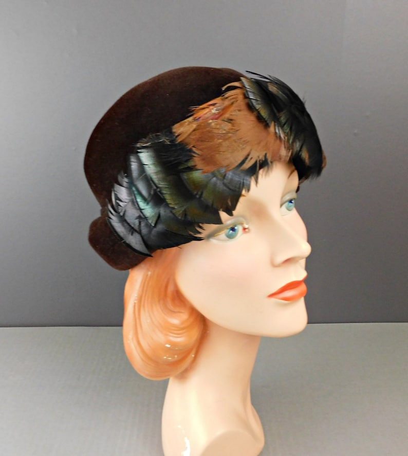Vintage Brown Hat With Rounded Top and Feathers, 1960s 22-1/2 Inch Head ...