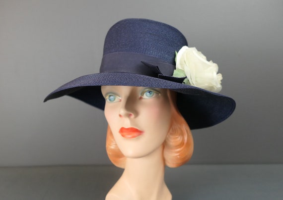 Vintage Blue Wide-Brim Floppy Sun Hat with Floral Accent She Had That Look About Her - Vintage 1930s 1940s Classic  main image 4