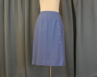 Vintage Blue Wool Skirt, 27 inch waist, Decorative Buttons 1960s