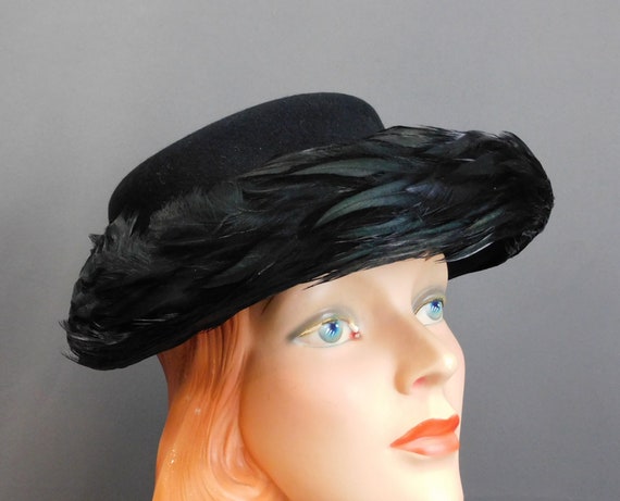 Vintage 1940s Black Feather Hat Felt, New York Cr… - image 6