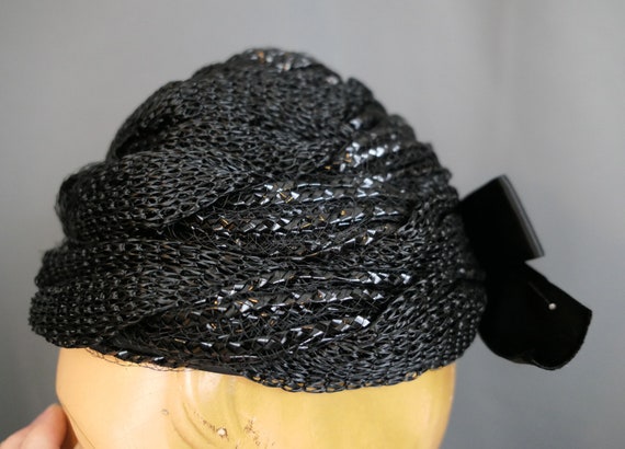 Vintage Black Shiny Hat Straw & Raffia with Satin… - image 8