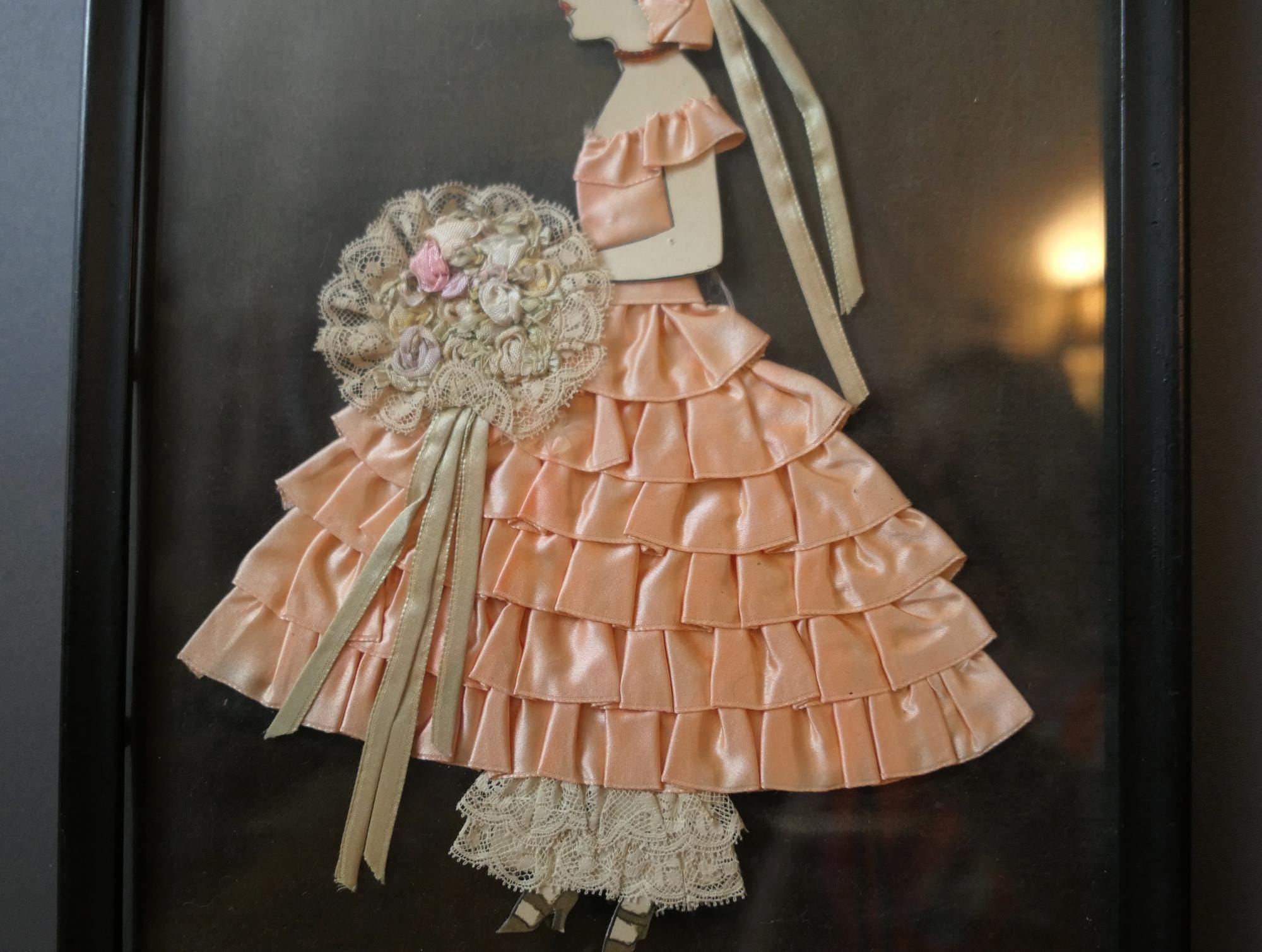Vintage 1930s Peach Ribbon Paper Doll Art - Framed Lace Bouquet - Etsy