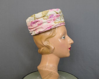 Vintage Pink & Green Floral Pillbox Hat 1950s, 21 inch head by Grayce