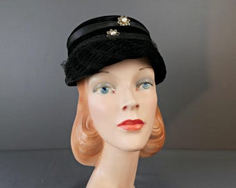 Vintage Black Velvet Hat with Filigree Flowers with Rhinestones, Satin and Netting Trim, 1950s
