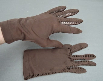Vintage Gloves Brown with Mesh Side, nylon 1960s size 7, Van Raalte