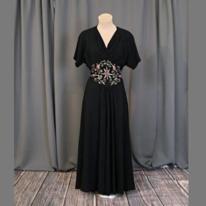Vintage 1940s Black Beaded Evening Gown, Gold Cord & Pink Beads, fits 36 inch bust