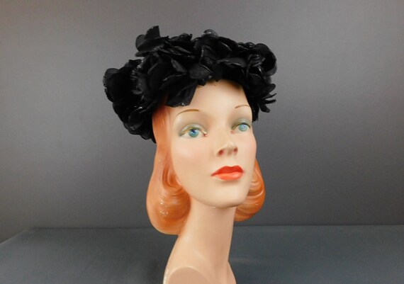 Vintage Black Velvet Hat with Glitter Flowers, 19… - image 1