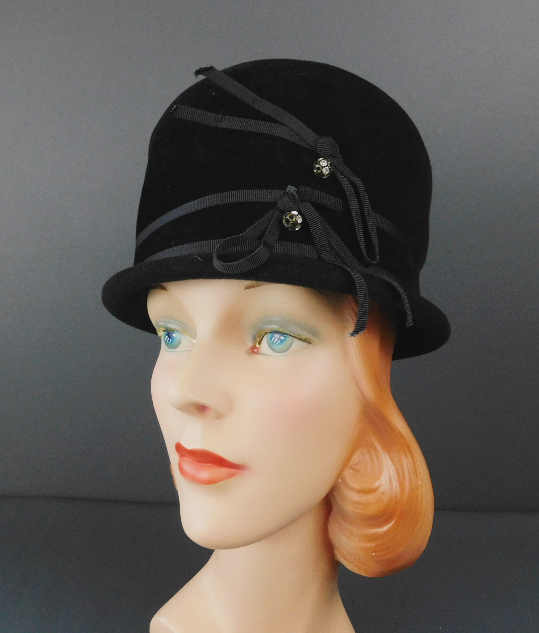 帽子 Vintage velours hat Vintage Black Plush Velvet Velour Hat With Ribbon