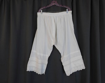 Antique White Cotton Bloomers, Split Crotch, 1900s Edwardian XL 34 inch waist