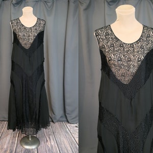 Vintage 1920s Crepe & Lace Gown Black Evening Dress, fits 36 inch bust, with issues