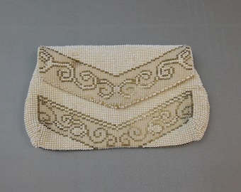 Vintage Beaded White Clutch Purse, 1930s, small 6x4 inches