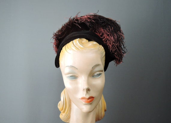 Vintage Brown Feather Hat 1950s, Pink & Brown Plum