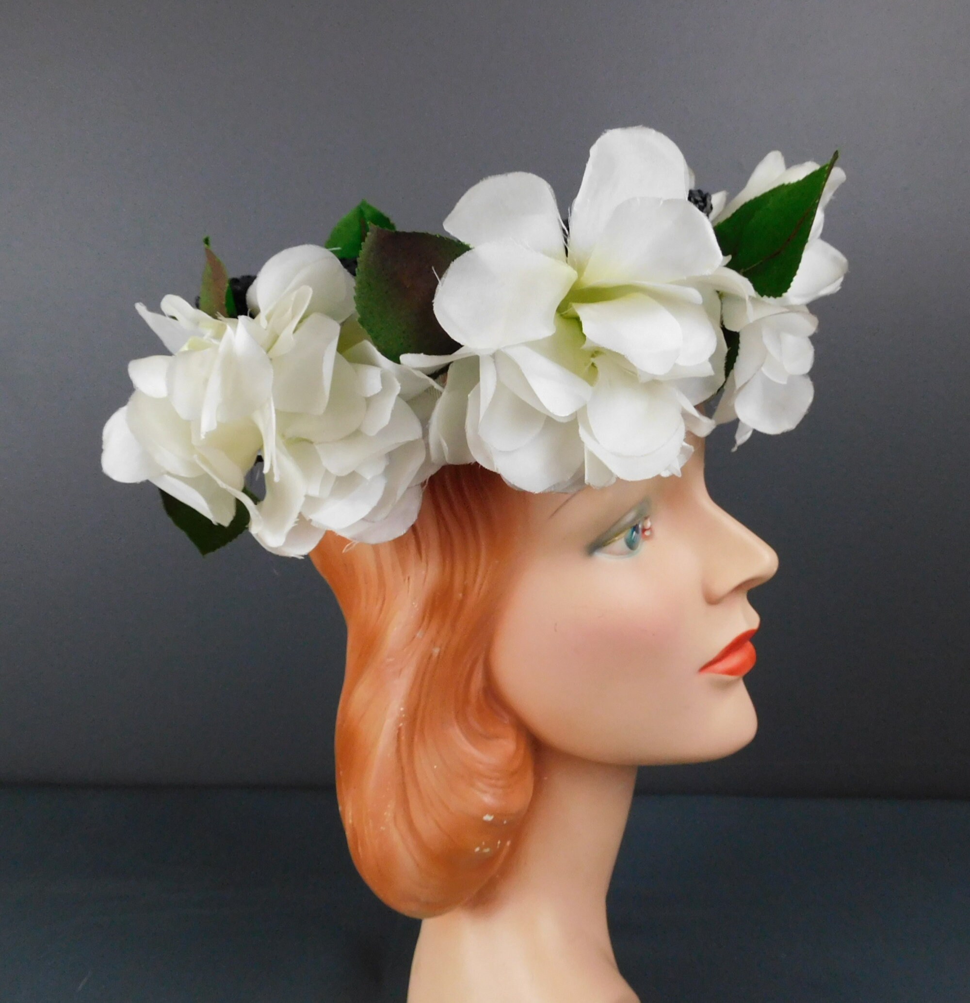 Vintage Navy Straw Hat With White Flowers, 1960s, Frank M  display picture 3