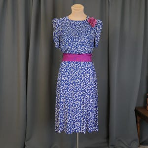 1940s Blue Rayon Vintage Dress, White Floral Print, Pink Details, fits 34 inch bust, Cold Rayon Day Dress