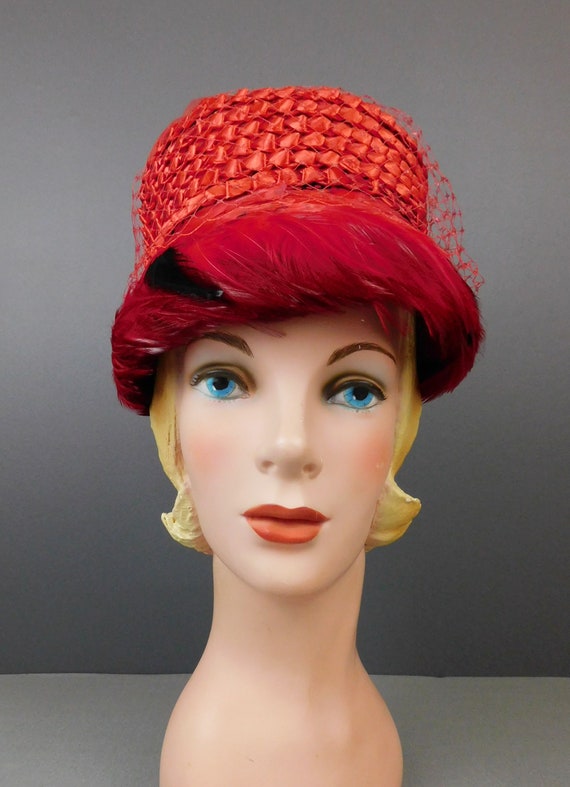 Vintage Red Straw Floral & Feathers Hat 1960s Val… - image 2