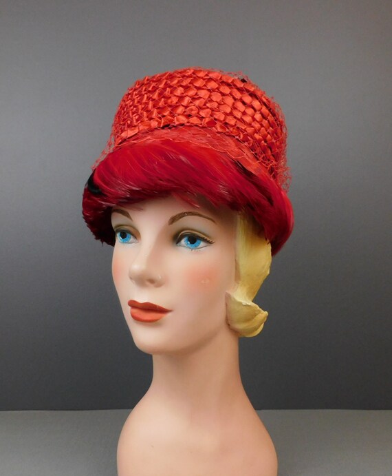 Vintage Red Straw Floral & Feathers Hat 1960s Val… - image 7