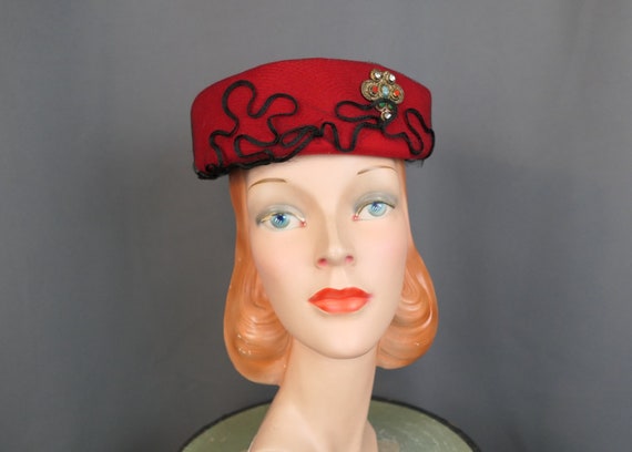 Vintage Red Felt Hat with Brooch and Black Trim 1… - image 1