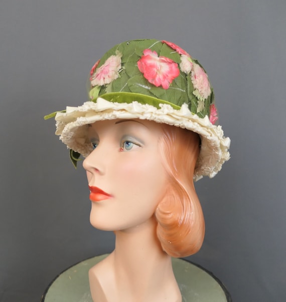 Vintage Pink Flowers Under Tulle Hat with Green Leaves, Velvet & Straw, 21 inch head