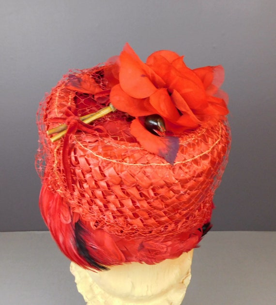 Vintage Red Straw Floral & Feathers Hat 1960s Val… - image 5