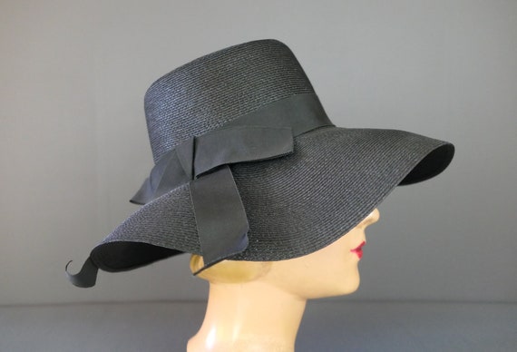 Vintage Black Straw Hat with Wide Soft Brim, 1960… - image 2