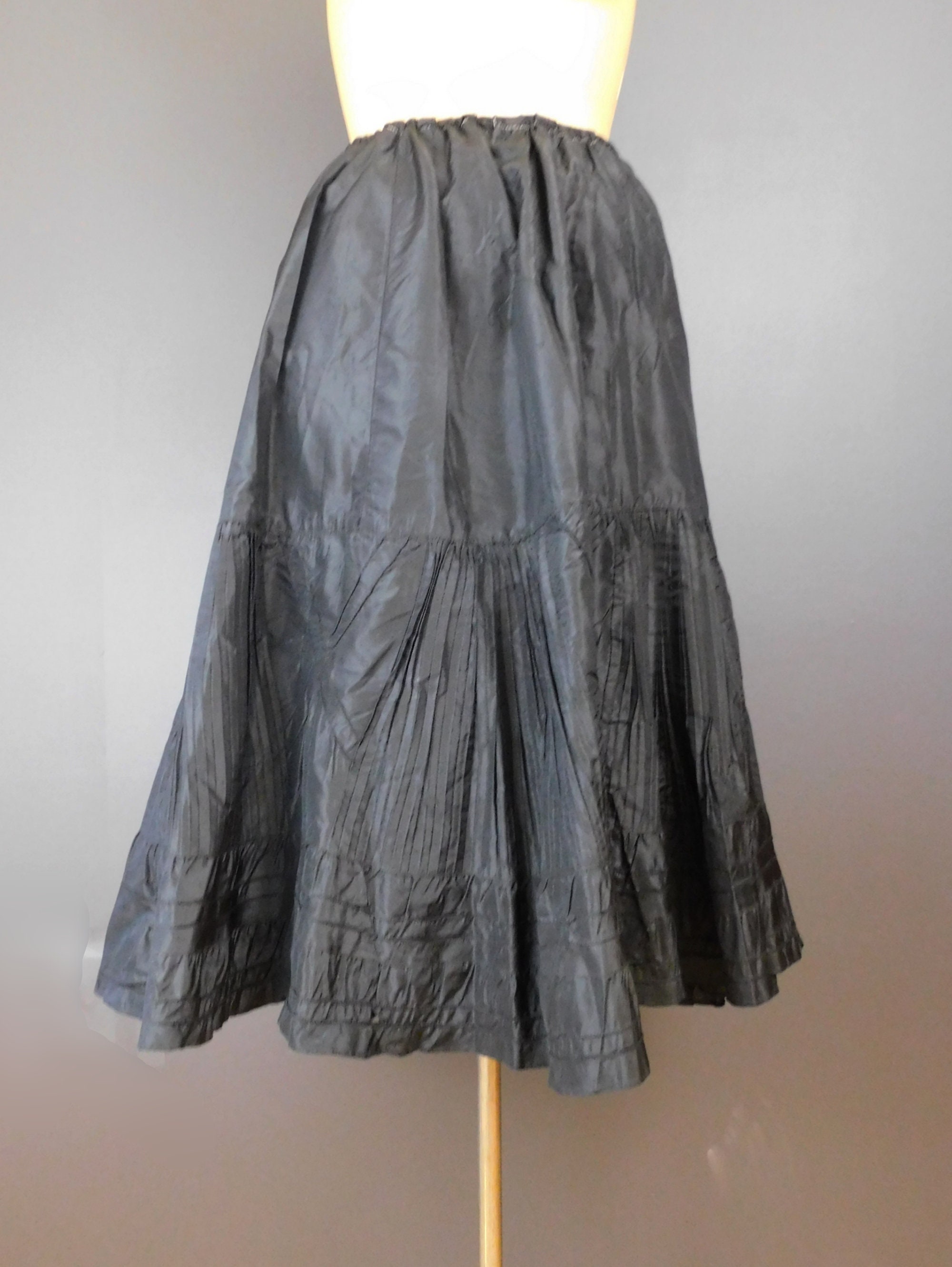 With Issues Vintage Petticoat Victorian Black Silk Taffeta Skirt 1800s Elastic waist fits 24 to 28 inch waist